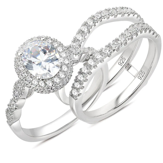 Newshe Jewellery Oval Wedding Set Engagement Rings for Women AAAAA Cubic Zirconia 925 Sterling Silver Ring Enhancer Bridal Set Size 8