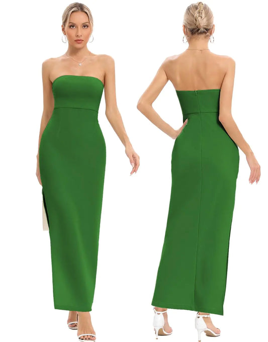JLCNCUE Womens Tube Strapless Maxi Dress Side Slit Bodycon Dress Sleeveless Off Shoulder Backless Cocktail Dress 295(MediumGreen)