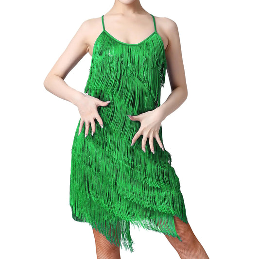 Latin Dance Dress for Women Fringe Flapper Dress Gold Salsa Dress for Women Dancing Sequin Tassel Dress Country Concert Music Festival 1920s Gatsby Dress Cocktail Party Ballroom Dance Costume Green S