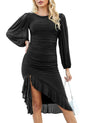 SHXUALU Ruched Bodycon Dress for Women Midi Wedding Guest Dress Fall Long Sleeve Cocktail Party Dress Black Small