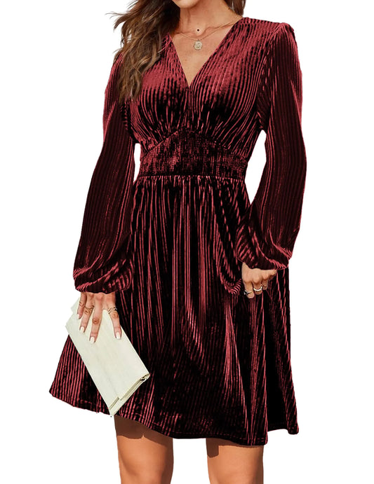 Zeagoo Velvet Wrap Dress for Women Sexy V-Neck Smocked Waist Mini Dress Party Cocktail Dress Wine RedLarge