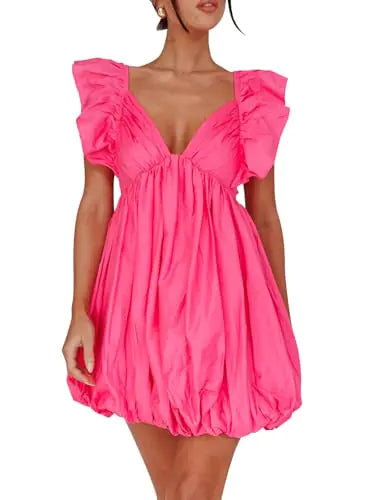 hibshaby Summer Mini Dress Deep V-Neck Babydoll Dress Bubble Dress Backless Lace Up Sexy Short Dress Rose Red L