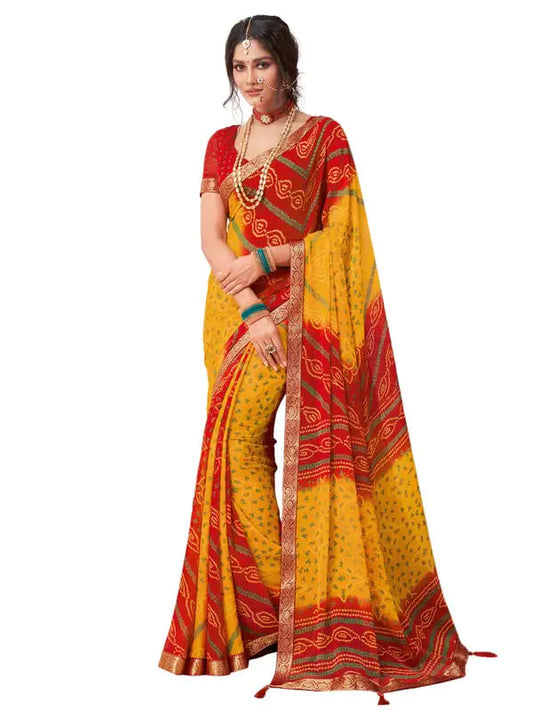 Womens Bandhani Printed Chiffon Saree With Blouse(2612S2066_Yellow & Red) 5.5 Meters Mustad & Red