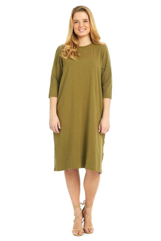 ESTEEZ Knee Length Dress for Women - 3/4 Length Dress for Women - Tee Dress (EX803165 Olive X-Small)
