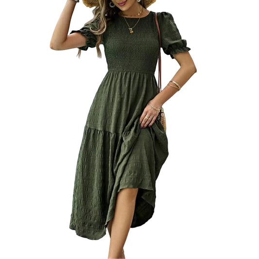 LIGHT DOT Womens Casual Dress Ruffle Puff Short Sleeve Dress Shirred Tiered Maxi Dress (Army Green XL)