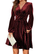 Zeagoo Velvet Wrap Dress for Women Sexy V-Neck Smocked Waist Mini Dress Party Cocktail Dress Wine RedLarge