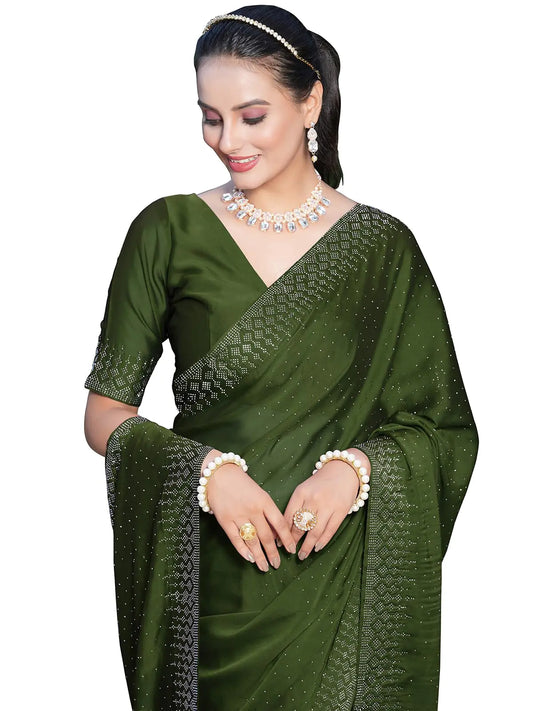 SIRIL Womens Georgette Dyed & Hot Fixing Saree with Unstitched Blouse Piece (3186S132_Olive Green)