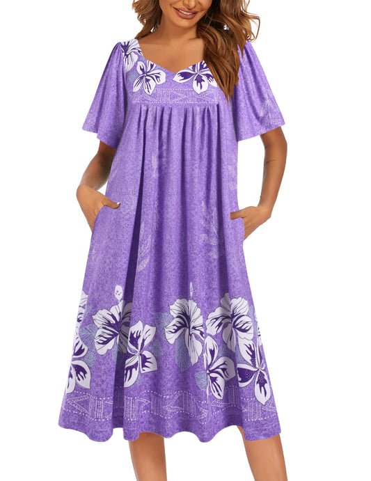 Ekouaer Womens House Dress Pleated Nightgown Short Sleeve Mumu Dress Lounge Dress With Pockets