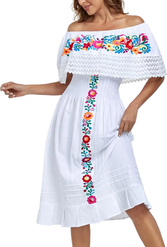 YZXDORWJ Mexican Dress for Women Embroidered Off-Shoulder Lace Dress Fiesta Mexico Boho Floral Dress (XXL 4834W)