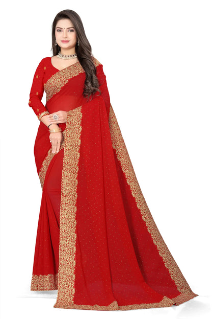 Ravish Style Womens Georgette Siroski work Embroidery Saree with Blouse Piece (1211-Red)