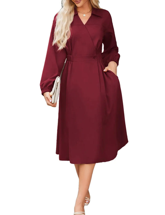 GRACE KARIN Wrap Dress for Women Long Sleeve Shirt Dress V Neck A Line Midi Dress with Pockets Fall Winter Coat Dress Wine Red