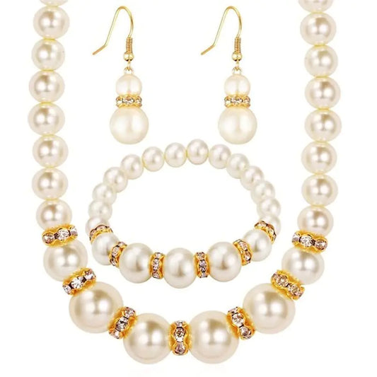 3 Pcs/Set Elegant Round Abs Imitation Pearl Acrylic Necklace Earrings Bracelet for Women Wedding Engagement Jewellery Set