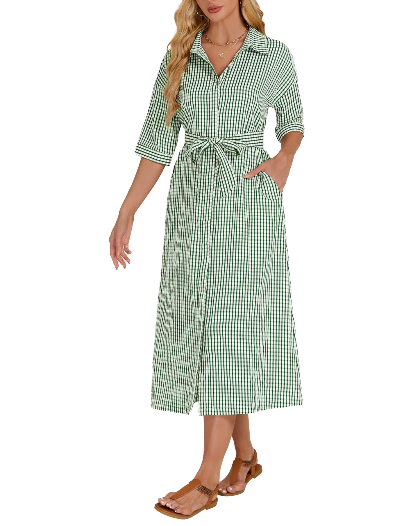 Womens Half Sleeve Plaid Maxi Dress Collar V Neck Belted Dress Casul Button Down Long Loose Dress Green