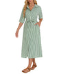 Womens Half Sleeve Plaid Maxi Dress Collar V Neck Belted Dress Casul Button Down Long Loose Dress Green