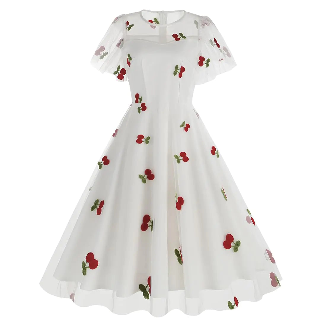 Cherry Dress Women Cherry Tulle Dress Illusion Mesh Sheer Flutter Sleeve Wedding Guest Vintage Cocktail Dress A Line Tulle Homecoming Prom Dress Knee Length Short Evening Dress White-Ruffle Sleeve XXL