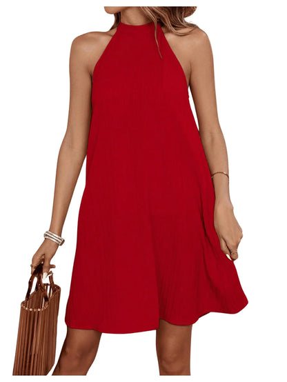 RoseSeek Womens Halter Summer Dress Sleeveless Tie Back A Line Dress Flare Mini Dress Tunic Short Dress Red Small