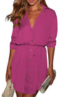 ECOWISH Womens Dress Long Sleeve: Casual Mini Dress Color Block V Neck Short Dress Pockets Fall Dress Button Shirt Dress Belt Rose Red Large