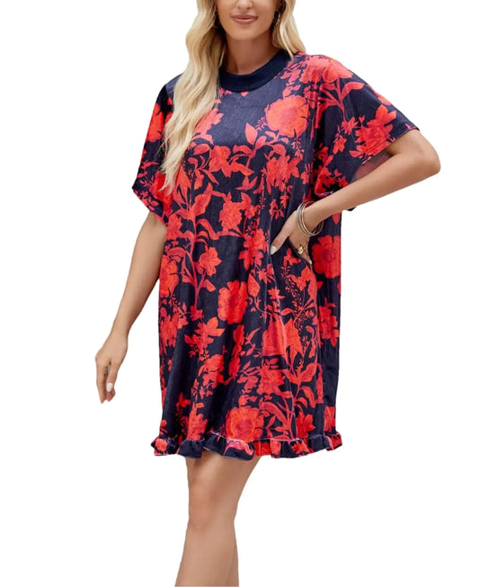 Yozazzy Womens Summer Vintage Velvet Dress Floral Printed Mini Flowy Dress Round Neck Short Sleeve Dress(Red-M)
