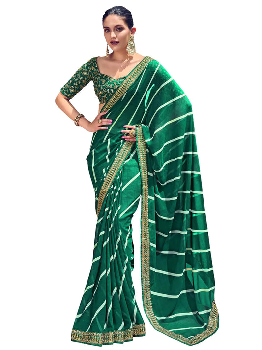 Womens Leheriya Printed & Lace Georgette Saree With Unstitched Blouse Piece(2555S290_) 5.5 Meters Green White